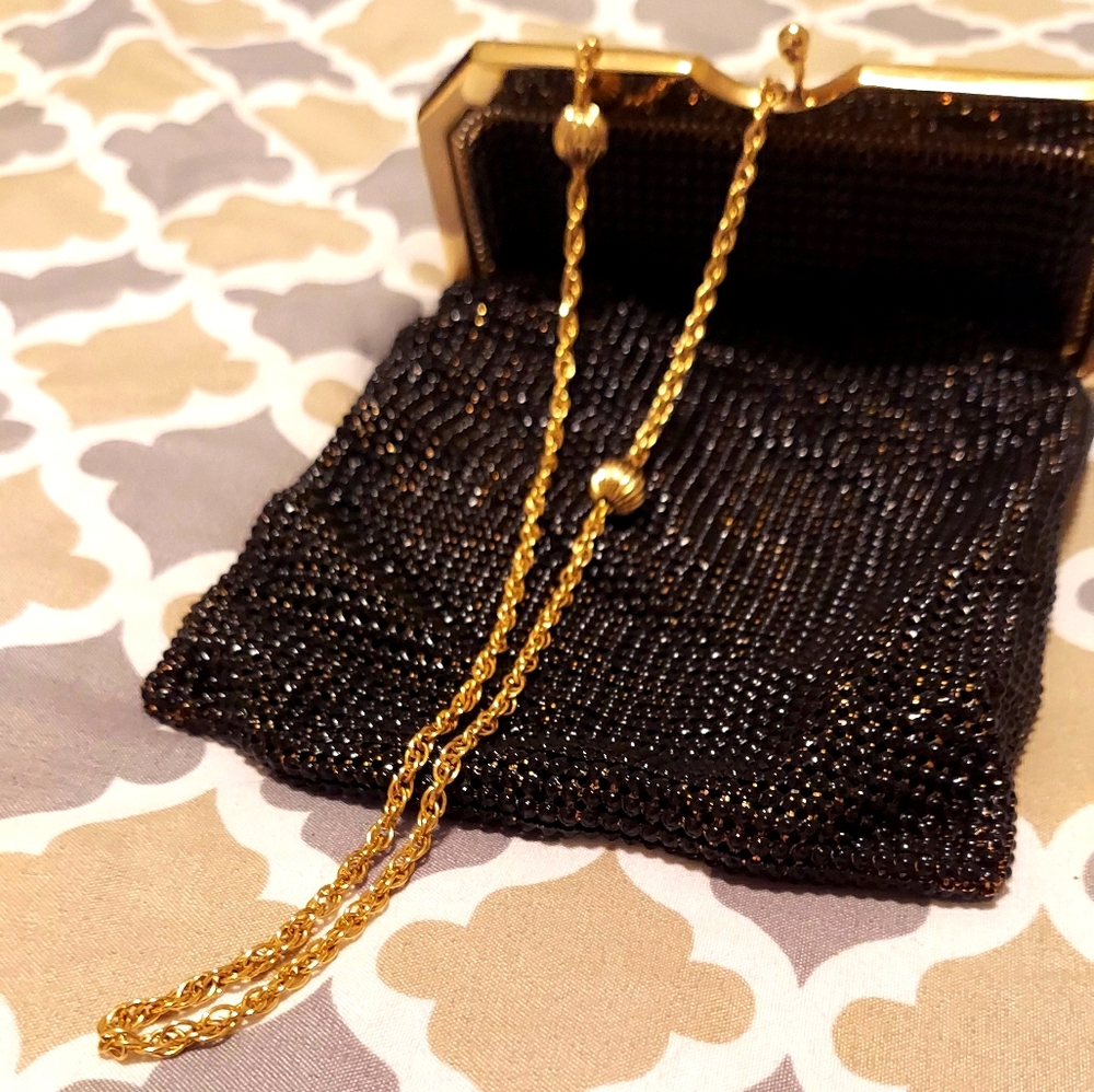NWOT Whiting and Davis black and gold mesh bag